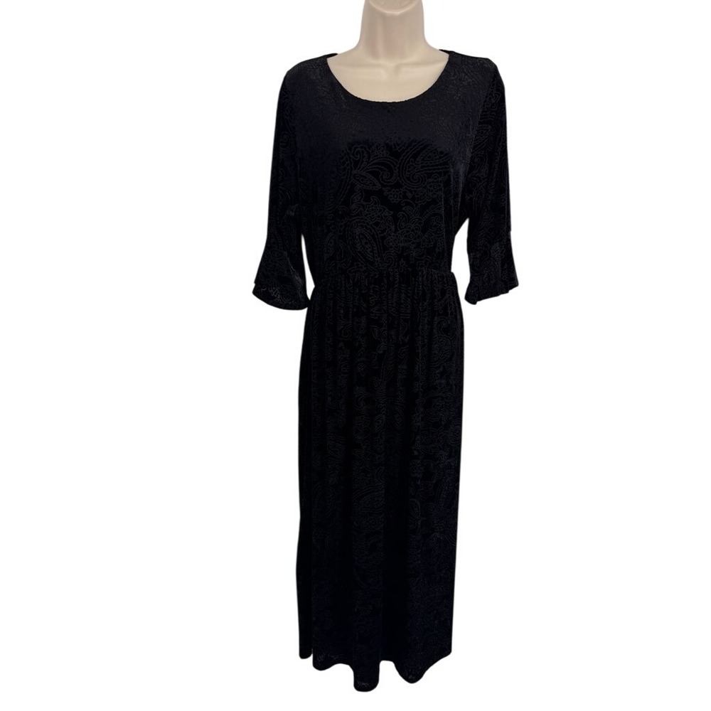 CHRIS & CAROL PLUS Burnout Velvet Paisley Midi Dress Bell Sleeve Womens 1X Black